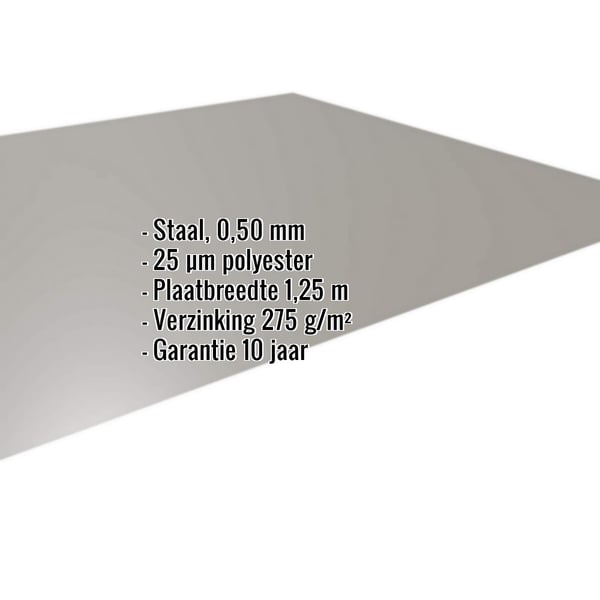 Vlakke plaat staal 0,50 mm RAL9007 met ingebouwde gegevens over materiaal, coating en garantie