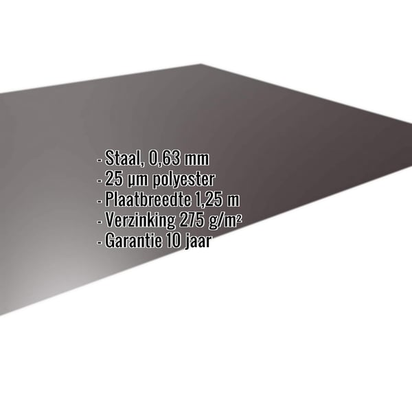 Vlakke plaat staal 0,63 mm chocoladebruin RAL 8017 met 25 µm polyestercoating en ingebedde specificaties