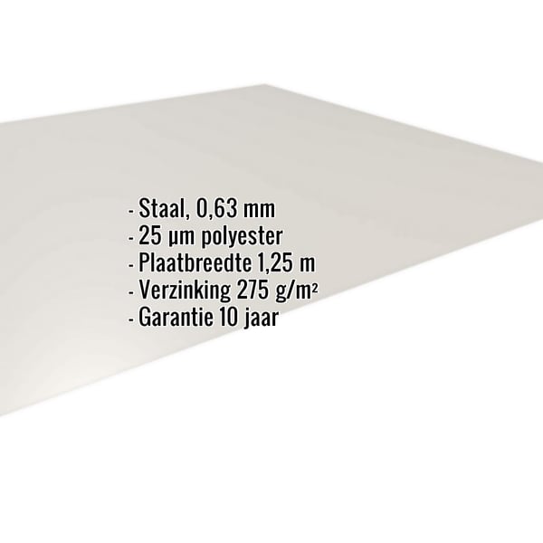 Vlakke plaat Grijswit RAL 9002 staal 0,63 mm met 25 µm polyestercoating, productgegevens getoond