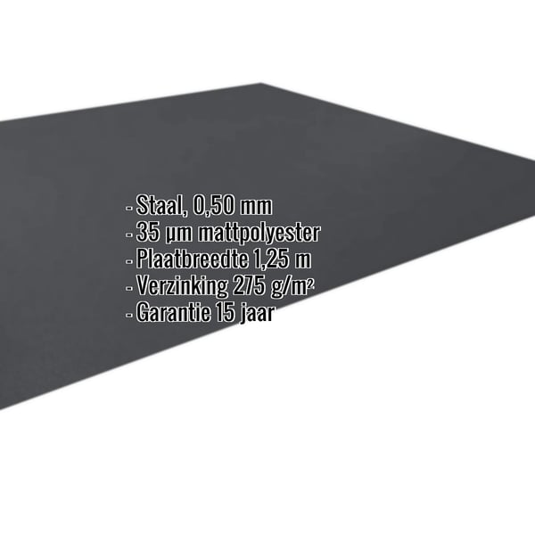 Vlakke plaat staal 0,50 mm donkergrijs matpolyester met ingebedde productgegevens