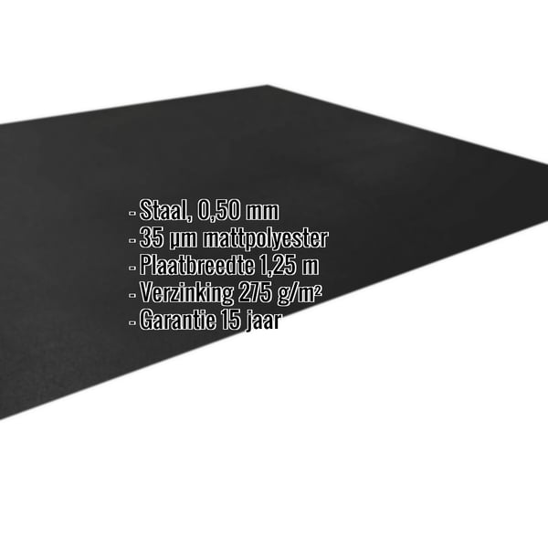 Vlakke plaat staal 0,50 mm zwart matpolyester met ingebedde productgegevens