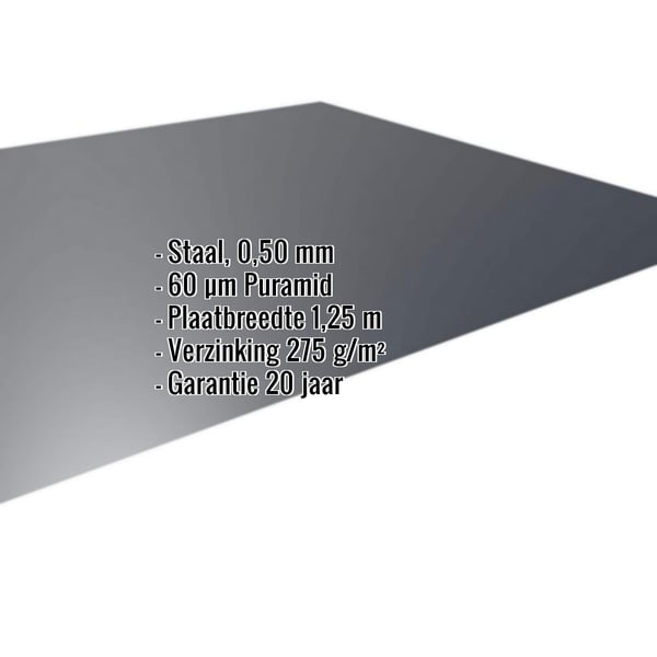 Vlakke plaat antracietgrijs RAL 7016 0,50 mm, met ingevoegde productgegevens en coating
