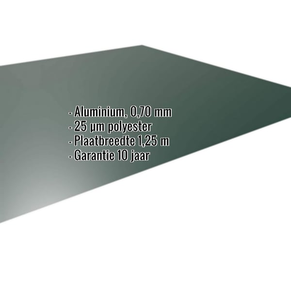 Vlakke plaat aluminium 0,70 mm mosgroen RAL 6005 met ingebedde specificaties