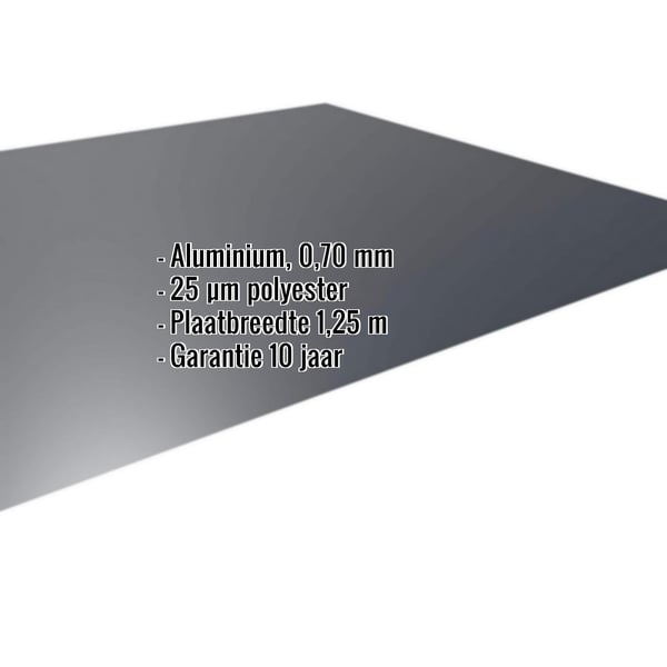 Vlakke plaat aluminium 0,70 mm Antracietgrijs (RAL 7016) met 25 µm polyestercoating, productgegevens getoond