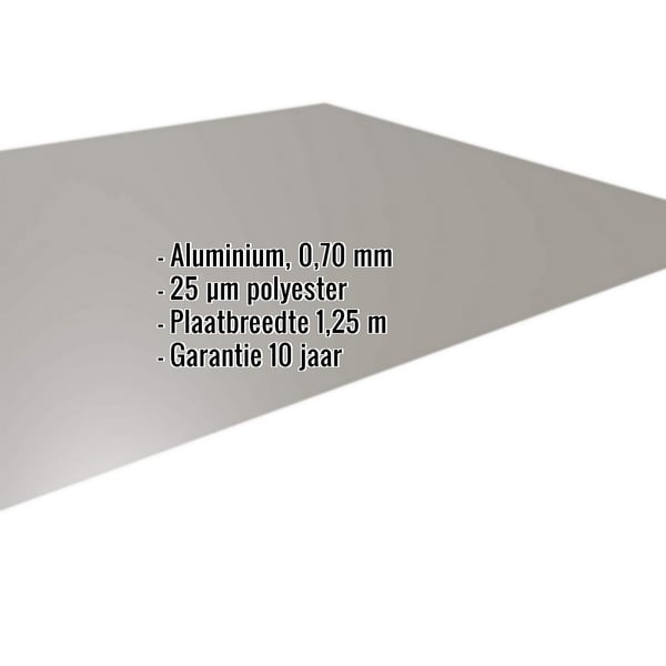 Vlakke plaat aluminium 0,70 mm RAL9007 met ingebedde productgegevens