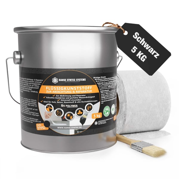 Vloeibare kunststof set zwart 5 kg met kwast en vliesrol, belangrijke gegevens weergegeven