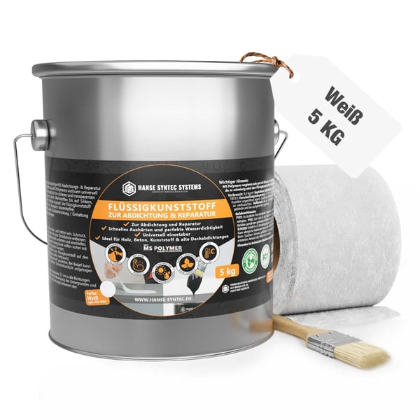 Vloeibare kunststof set wit 5 kg, emmer, vliesrol en kwast, met productinformatie
