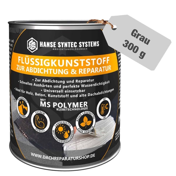 Vloeibare kunststof DACHPROTECT grijs 300g blik met productinformatie en logo
