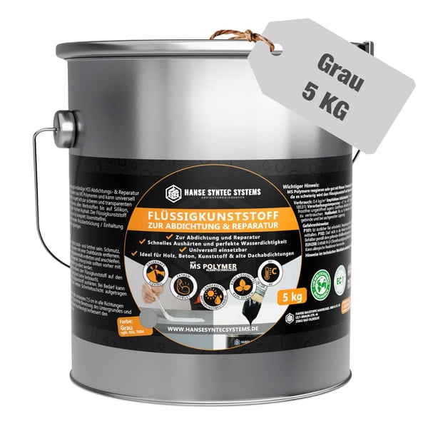 Vloeibare kunststof 5 KG in grijs, emmer met productetiket en aangehangen prijskaartje