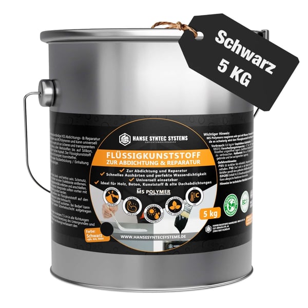 DACHPROTECT vloeibare kunststof zwart 5 kg emmer, met productinformatie en zwart etiket