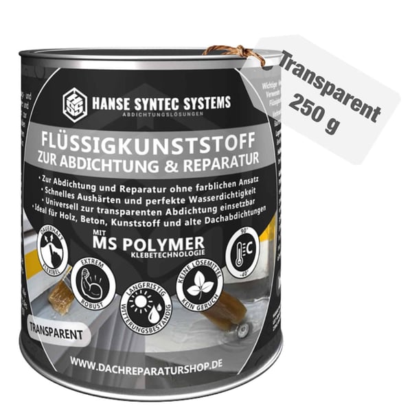 DACHPROTECT vloeibaar kunststof transparant 250g blik met ingebouwde eigenschappen en productinformatie