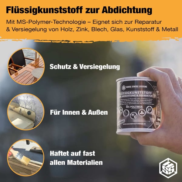 Vloeibaar kunststof voor afdichting, toepassingsvoorbeelden op hout, zink, plaatstaal, glas, kunststof en metaal