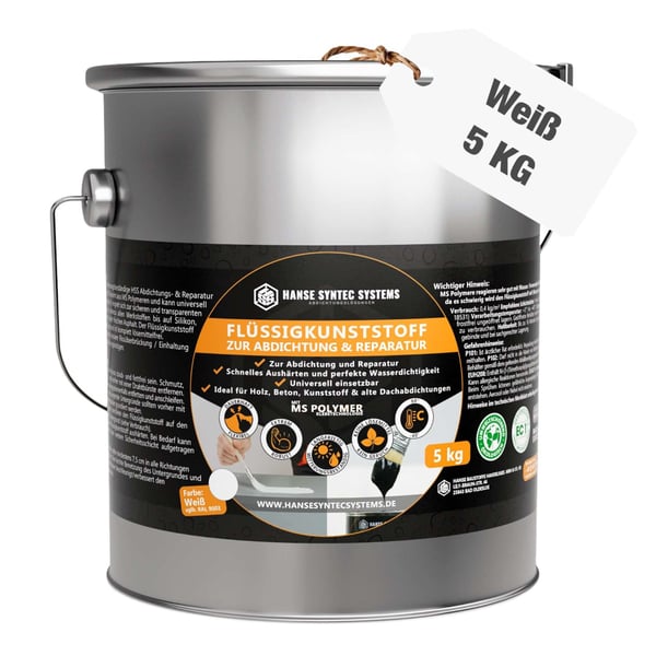 DACHPROTECT vloeibare kunststof 5 kg emmer in wit, vooraanzicht met productinformatie en 'Wit 5 KG' etiket