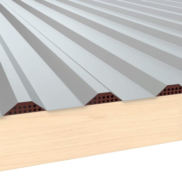Geperforeerd tandprofiel, roodbruin, onder een damwandplaat op houtconstructie, detail van de perforatie