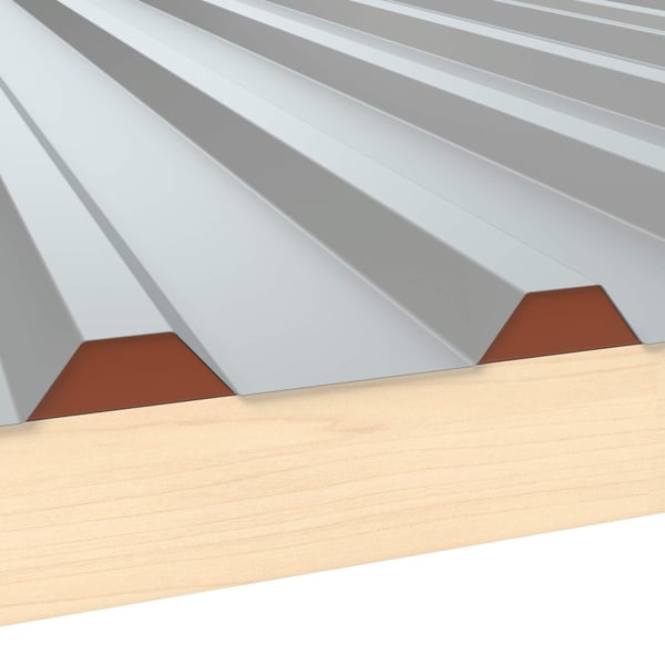 Tandplaat ongeperforeerd, koperbruin, 0,75 mm staal, op houten onderconstructie, detail