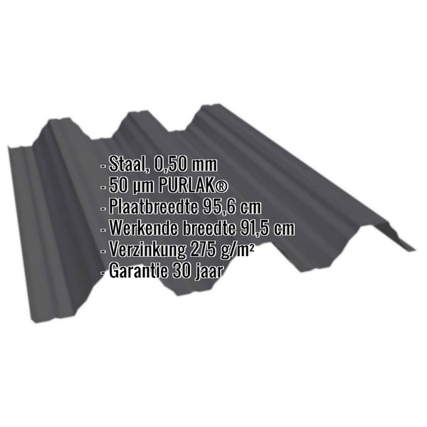 Damwandplaat T92P dakplaat Gitzwart RAL 9005 met 50 µm PURLAK coating, specificaties getoond