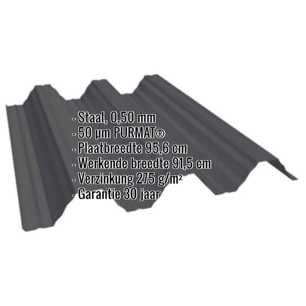 Damwandplaat T92P dak staal 0,50 mm zwart met PURMAT® coating en ingebedde specificaties