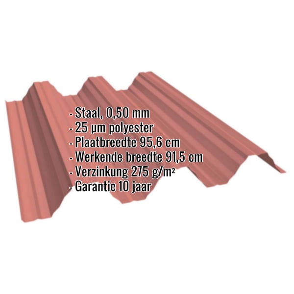 Damwandplaat T92P dak Koraalrood 0,50 mm met ingebedde specificaties over materiaal, dikte en garantie