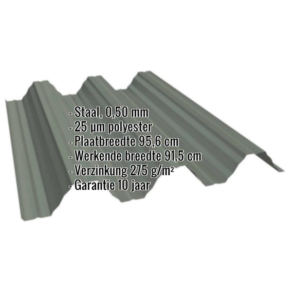 Damwandplaat T92P dak Chroomoxydegroen, 0,50 mm staal met polyestercoating, belangrijke gegevens getoond