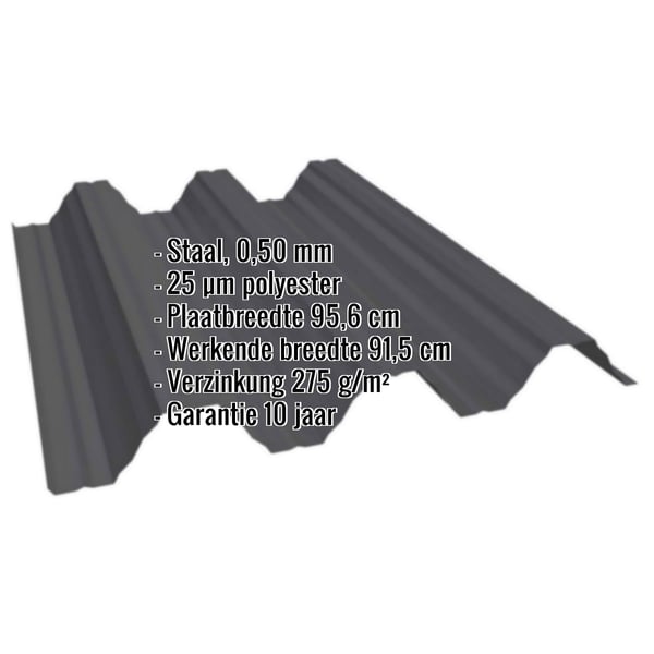 Damwandplaat T92P dak Gitzwart RAL 9005 0,50 mm met ingebedde specificaties