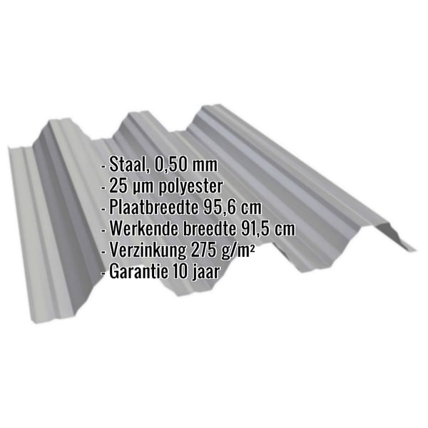 Damwandplaat T92P dak, grijs aluminiumkleurig, met ingebedde productgegevens