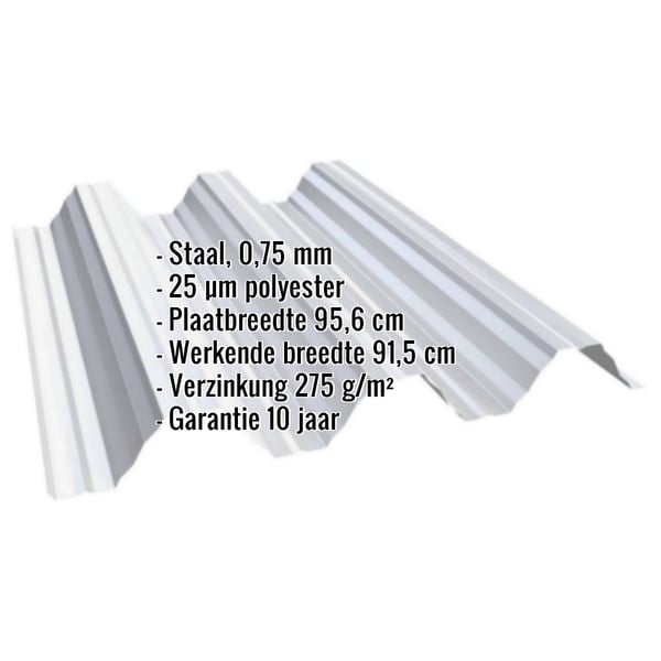 Damwandplaat T92P dak lichtgrijs RAL 7035, 0,75 mm, met ingebedde technische gegevens