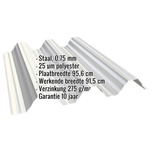 Damwandplaat T92P dak Grijswit (RAL 9002) met ingebedde specificaties zoals materiaal, dikte en coating