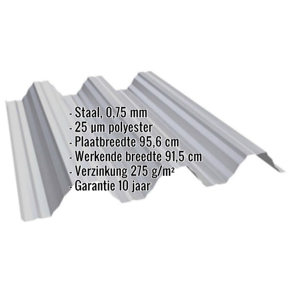 Damwandplaat T92P dakplaat Zilver-Metallic met ingebedde technische gegevens zoals materiaal, dikte en coating