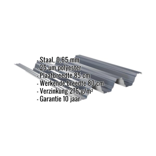 Damwandplaat TP104 dak antracietgrijs met ingebedde productgegevens over materiaal, dikte en coating