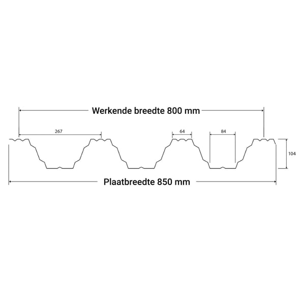 Technische tekening damwandplaat TP104 met profielafmetingen, plaatbreedte 850 mm, werkbreedte 800 mm