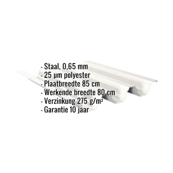 Damwandplaat TP104 dak, Grijswit, met ingebedde specificaties over materiaal, dikte en coating
