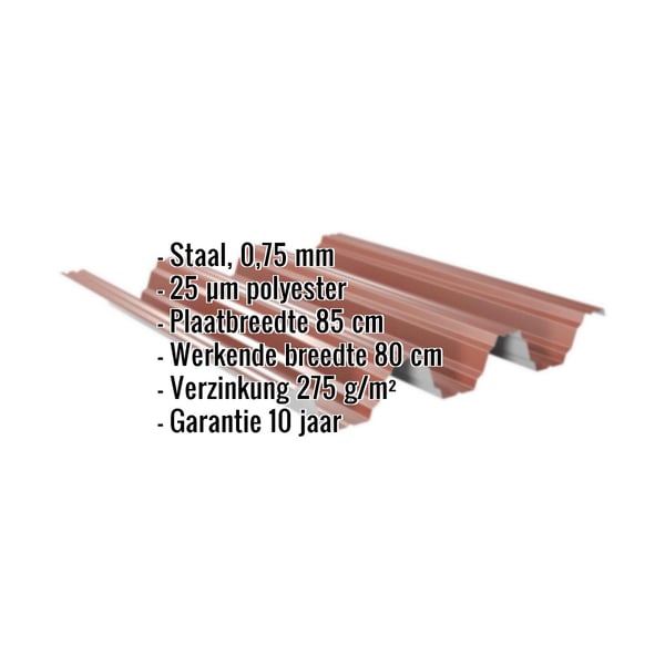 Damwandplaat TP104 dakplaat Roodbruin met ingebedde specificaties voor materiaal, dikte en coating