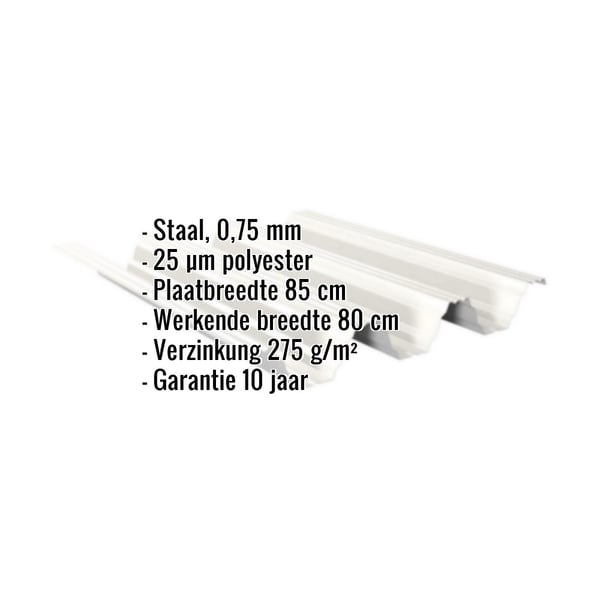 Damwandplaat TP104 dak, Grijswit, met ingebedde productgegevens over materiaal, dikte en coating