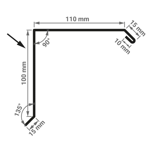 Technische tekening van de gevelpan met afmetingen 110 mm x 100 mm en hoeken