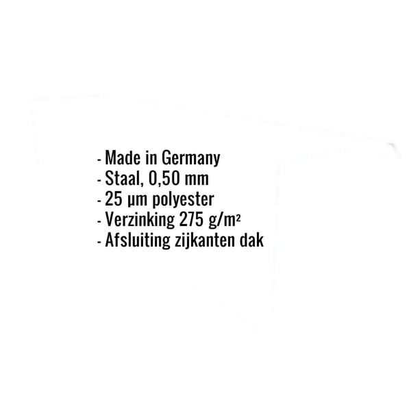 Infographic met specificaties: Made in Germany, staal 0,50 mm, 25 µm polyestercoating, verzinking 275 g/m², dakafsluiting