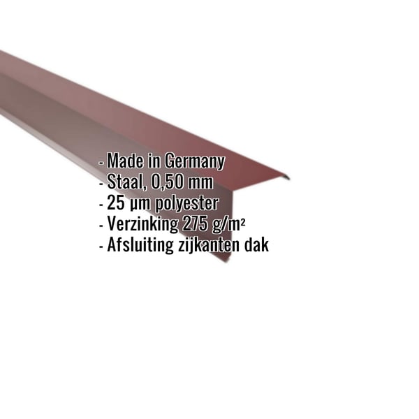 Gevelhoekprofiel wijnrood RAL 3005, 0,50 mm staal, met ingebedde specificaties en Made in Germany