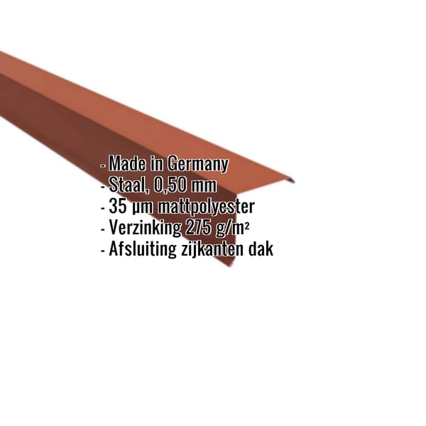 Gevelhoekprofiel Terracotta (RAL 8004) van staal 0,50 mm, matpolyester 35 µm gecoat, met ingebedde specificaties