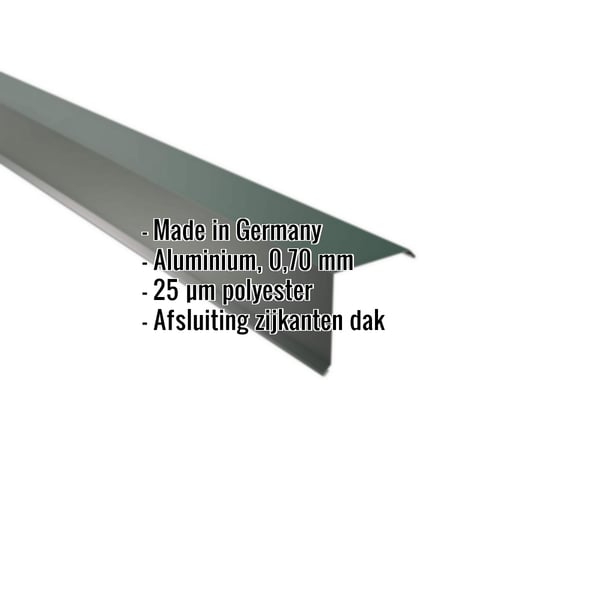 Gevelhoekprofiel aluminium mosgroen met ingebedde gegevens over materiaal, dikte en coating