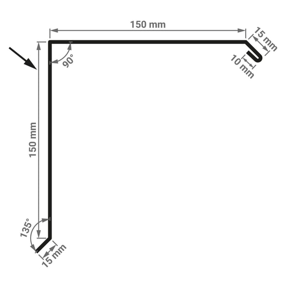 Technische tekening van de gevelpan met afmetingen 150 mm x 150 mm en zettingen