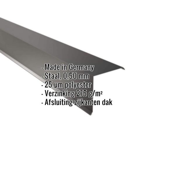 Gevelpan Gitzwart 0,50 mm, schuin van boven met ingebedde productgegevens