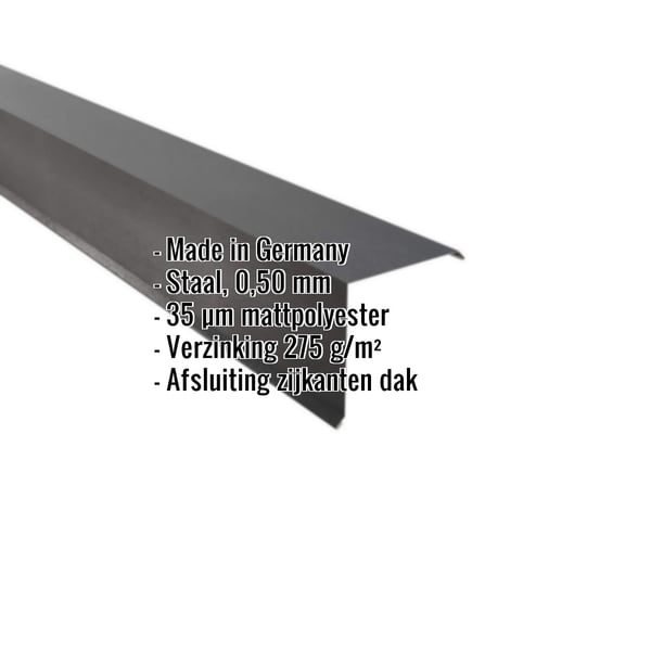 Gevelpan van staal, donkergrijs mat, met ingebedde specificaties over materiaal en coating