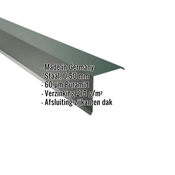 Gevelpan mosgroen (RAL 6005) van staal, 0,50 mm, 60 µm Puramid coating, met ingebedde productgegevens