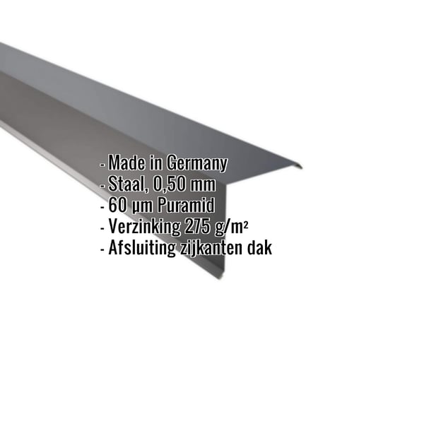 Gevelpan antracietgrijs 0,50 mm staal met Puramid coating, belangrijke gegevens weergegeven