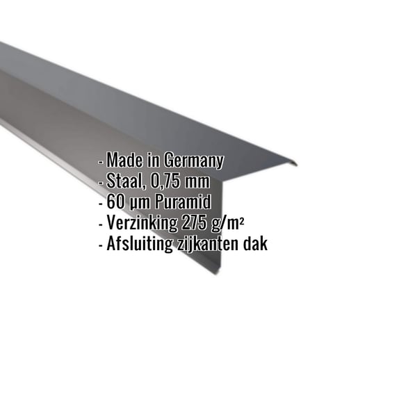 Gevelhoekprofiel van staal 0,75 mm Antracietgrijs met 60 µm Puramid coating, specificaties getoond
