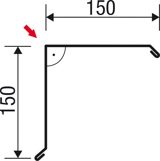 Technische tekening gevelhoek 150x150 mm met afmetingen en hoekmarkering