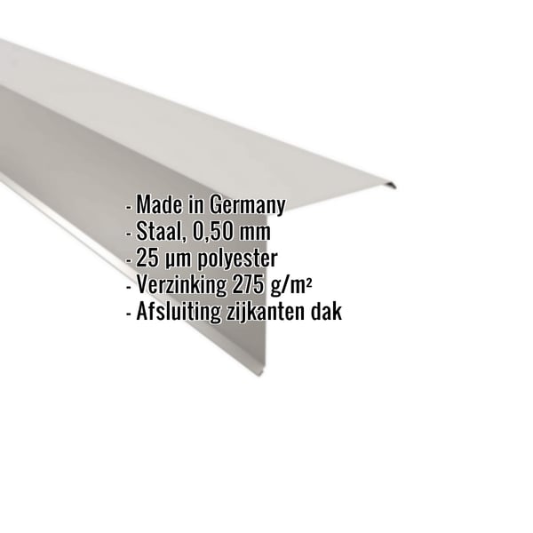 Gevelhoekprofiel van staal, lichtgrijs (RAL 7035), 0,50 mm, met ingebedde specificaties