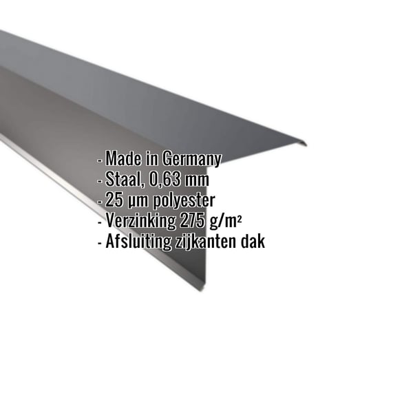 Gevelpan uit staal, antracietgrijs, met ingebedde productgegevens zoals materiaal, dikte en coating