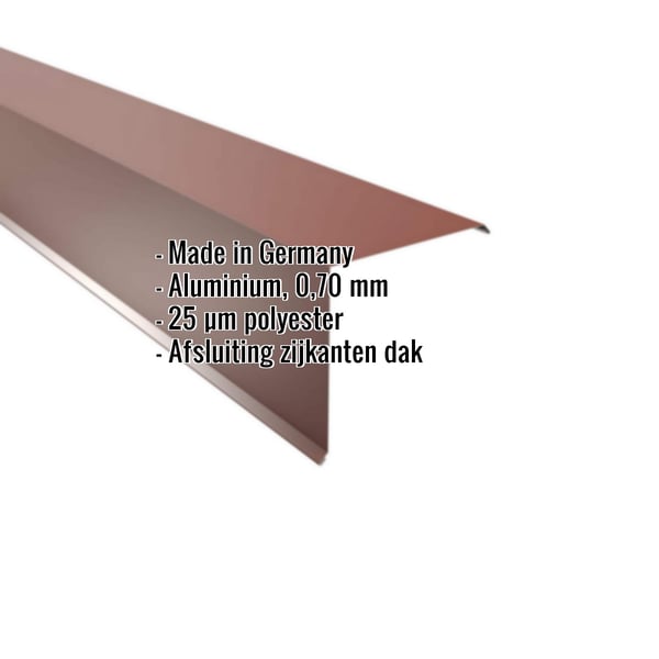 Gevelpan Aluminium Roodbruin (RAL 8012) met ingebedde gegevens over materiaal, dikte en coating
