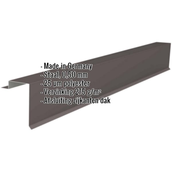 Gevelpan staal 0,50 mm Grijsbruin met ingebouwde hoekgegevens zoals materiaal, dikte en coating