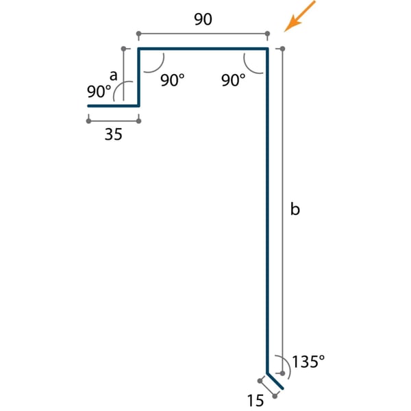 Technische tekening van de gevelpan met afmetingen 35x90 mm en hoeken van 90 graden